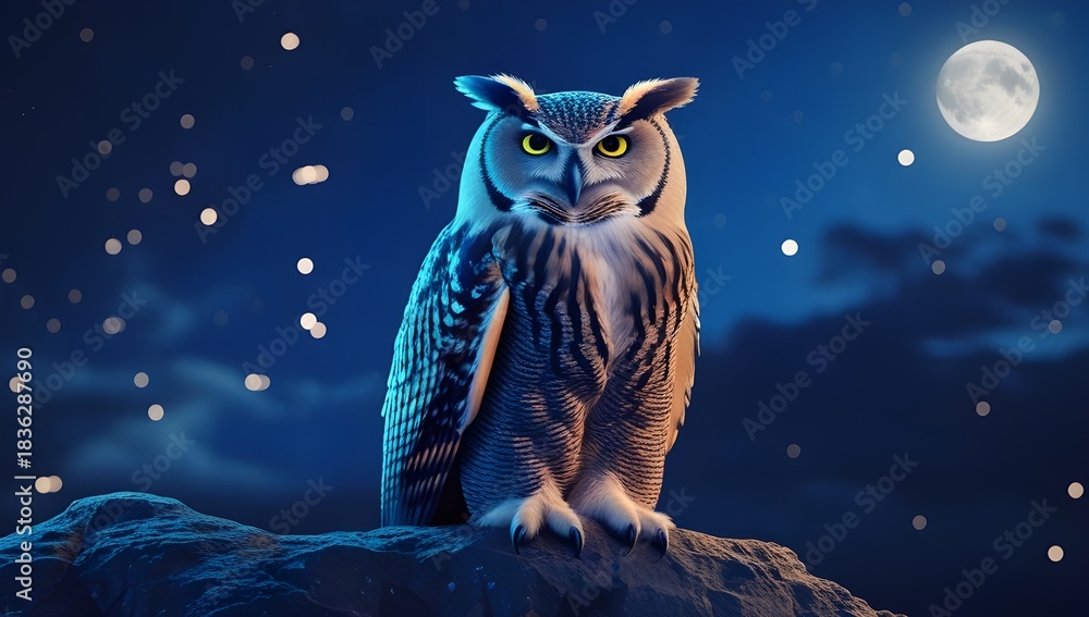 Fototapeta premium Majestic owl perched on a rock under the moonlit night sky, an enchanting scene radiating mystery and wonder, perfect for nature and wildlife projects