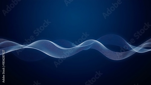 chant. Rhythmic sound wave lines undulating on a deep blue background, abstract and serene. STEM education sheets, lab safety posters, designed for biotech research communications.