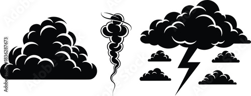 Severe Storm Cloud with Tornado and Lightning in Black Weather Silhouette Set