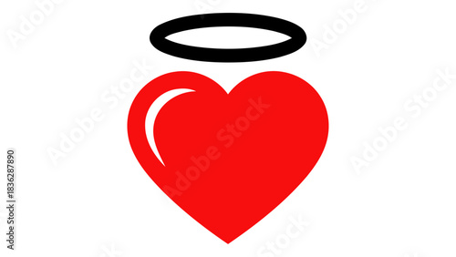 A bright red heart with a black halo, symbolizing love, romance, spirituality, divine affection, and heavenly blessings,