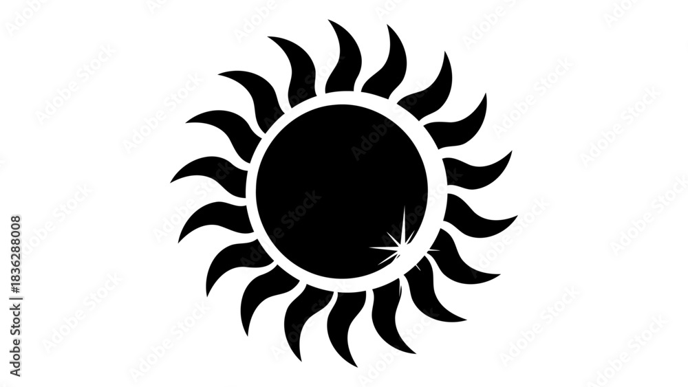 Naklejka premium Black stylized sun symbol isolated on a white background, representing energy, warmth, and celestial bodies.