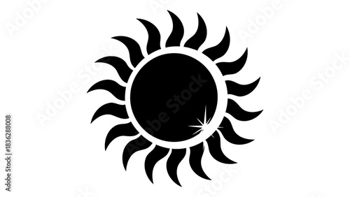 Black stylized sun symbol isolated on a white background, representing energy, warmth, and celestial bodies.