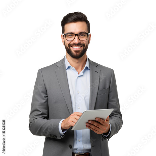 Approachable Young Businessman in Grey Suit and Glasses Holds Silver Tablet Against White Background — Warm Smile, No Tie, Confident Gaze — Perfect Symbol of Tech-Savvy Leadership, Digital Transformat