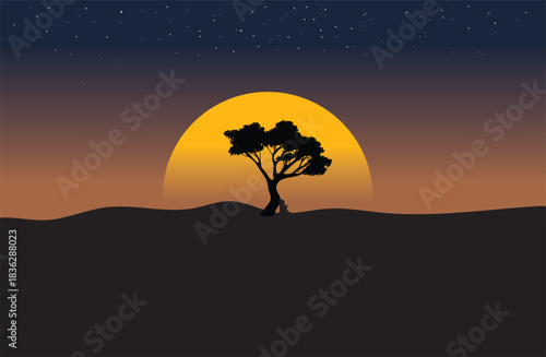 Night moonlight landscape, children sitting under the tree, fantasy style, vector background illustration