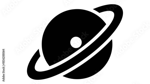 Iconic ringed planet symbol representing space, astronomy, cosmos, and celestial bodies, isolated on white.