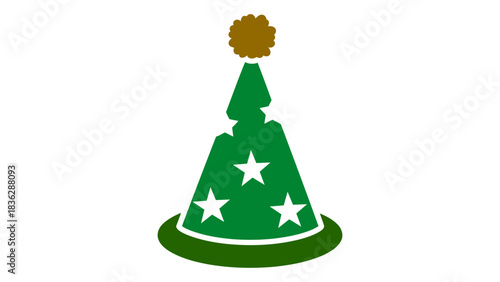 Green festive party hat with white stars and a brown pompom on top, isolated on a white background for celebrations.