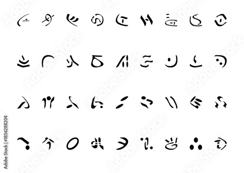 Imaginary symbols or alphabet character set. Set of fictional allien typefaces. Background illustration. Graphic resources.
