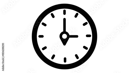 Simple black and white analog clock icon showing approximately three o'clock, isolated on a clean white background for d
