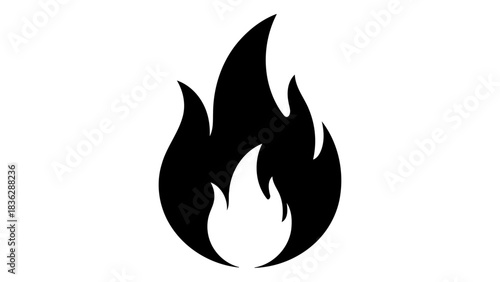 Simple black silhouette of a flame, representing fire, heat, energy, and danger. isolated graphic element on white.