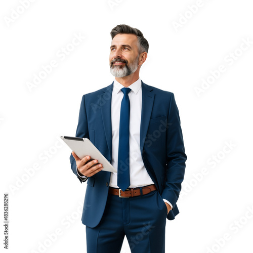 Mature Business Leader in Navy Suit Holds Tablet Against White Background — Salt-and-Pepper Beard, Thoughtful Smile, Hand in Pocket — Embodies Experience, Strategic Vision, and Calm Confidence Perfect