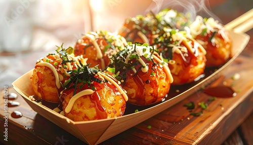 焼き立てのたこ焼きが船皿から湯気を上げて香る屋台の温かな風景