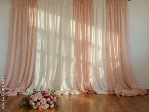 Soft pink and white draped fabric backdrop with bouquet of flowers on wooden floor
