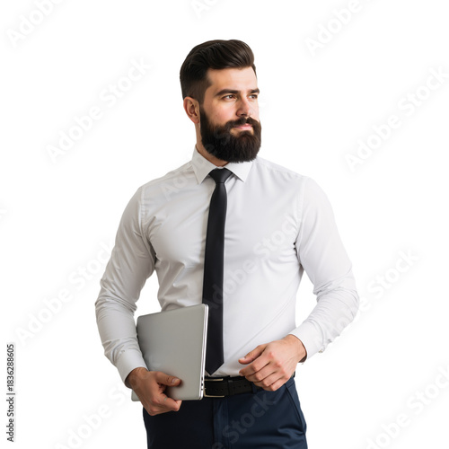 Confident Businessman in White Shirt & Black Tie Holds Silver Laptop Against White Background — Rolled Sleeves, Thoughtful Gaze, Full Beard — Embodies Leadership, Strategy, and Modern Productivity 