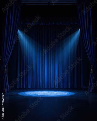 Spotlight illuminating an empty stage with blue velvet curtains and dramatic lighting