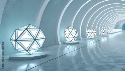 Fototapeta Naklejka Na Ścianę i Meble -  Futuristic tunnel with glowing geometric polyhedral objects on pedestals, creating a sci-fi atmosphere.
