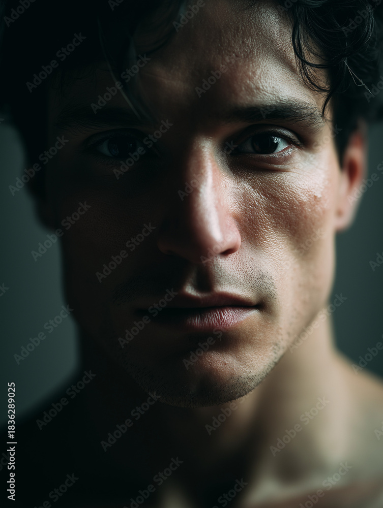 Fototapeta premium intense shadow portrait, dramatic lowlight face, deep moody gaze 