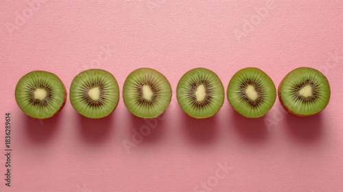 Fototapeta Naklejka Na Ścianę i Meble -  Six sliced kiwi fruits arranged in a row on a pink background with a subtle shadow effect.