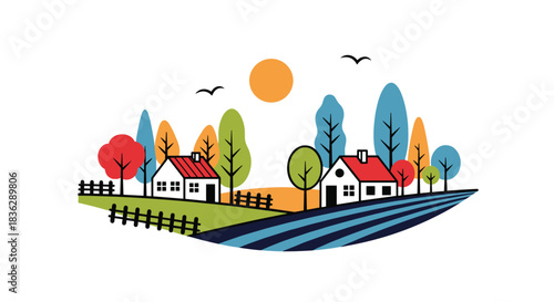 Colorful and stylized illustration of a quaint rural village landscape with houses, rolling hills, and vibrant trees under a sun.
