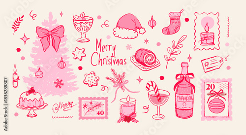 Coquette Christmas doodle hand drawn set of elements, decoration, textured, crayon,  Christmas and new year symbols, vector