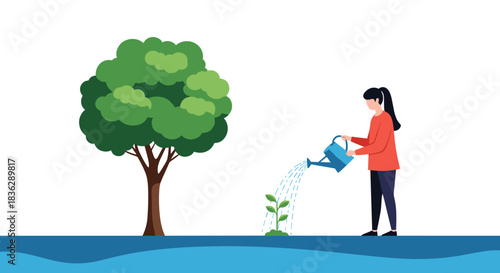 Woman watering a small sapling to help it grow into a large tree, symbolizing growth, care, and environmental conservation.