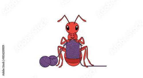 Whimsical cartoon illustration of a red ant sitting and knitting a purple scarf with two balls of yarn on a white background.