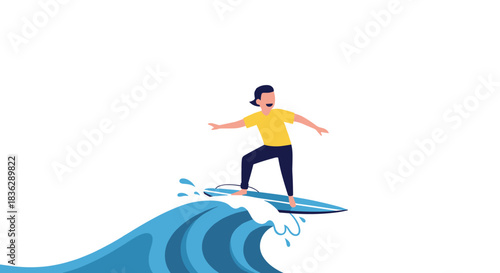 Minimalist vector illustration of a happy person surfing on a large blue ocean wave, enjoying the summer water sport activity.