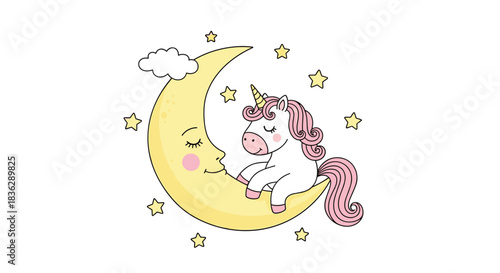 Adorable baby unicorn sitting on a sleeping crescent moon surrounded by stars, creating a sweet and magical bedtime illustration.
