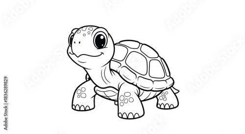 Simple black and white line art of a cute and friendly baby turtle, perfect for a children's coloring book page or activity.