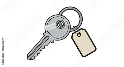 Illustration of a single key with a blank tag on a white background.
