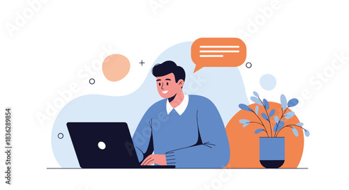 Young man working or studying on a laptop at a desk, with a speech bubble indicating communication and a plant nearby.
