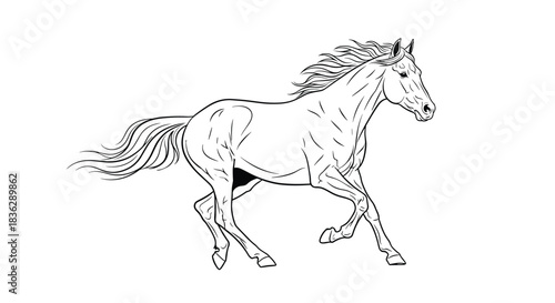 Black and white line art illustration of a powerful and graceful horse galloping, with its mane and tail flowing in motion.