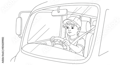 Black and white coloring page illustration of a young boy wearing a cap and a seatbelt while pretending to drive a large truck.