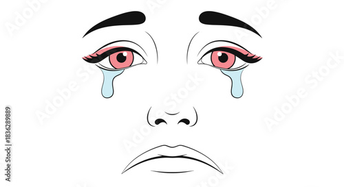 Close-up illustration of a sad and emotional face with large, red, teary eyes, shedding tears from grief or sorrow.