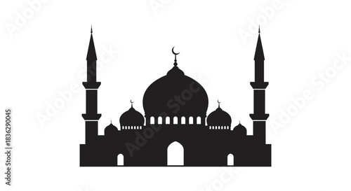 Elegant mosque silhouette with domes and minarets, symbolizing Islamic faith.