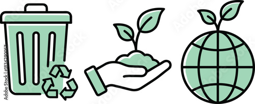 Eco-friendly recycling bin, hand nurturing plant, globe with sprout, sustainability, conservation, nature care, environmental awareness, green lifestyle