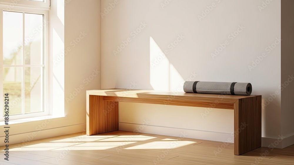 Fototapeta premium Wooden bench with yoga mat near window in bright room.