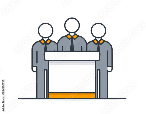 Vector Illustration of Three Business People Standing Behind a Podium in Formal Attire with Orange and Gray Accents Against a White Background Minimalist Design