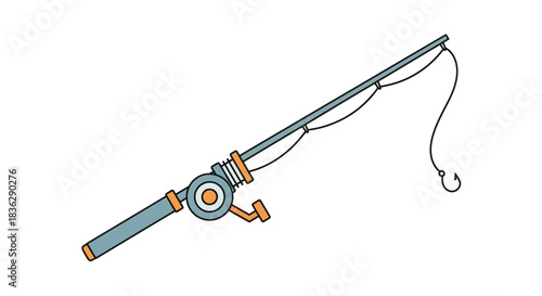 Fishing rod with hook and reel, isolated on white background.