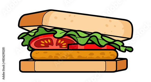 Stylized illustration of a delicious sandwich with lettuce and tomato.
