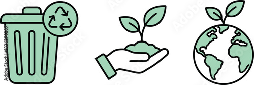 Recycling bin, plant in hand, Earth with sprout, eco icons for sustainability, nature care, environment protection, green living