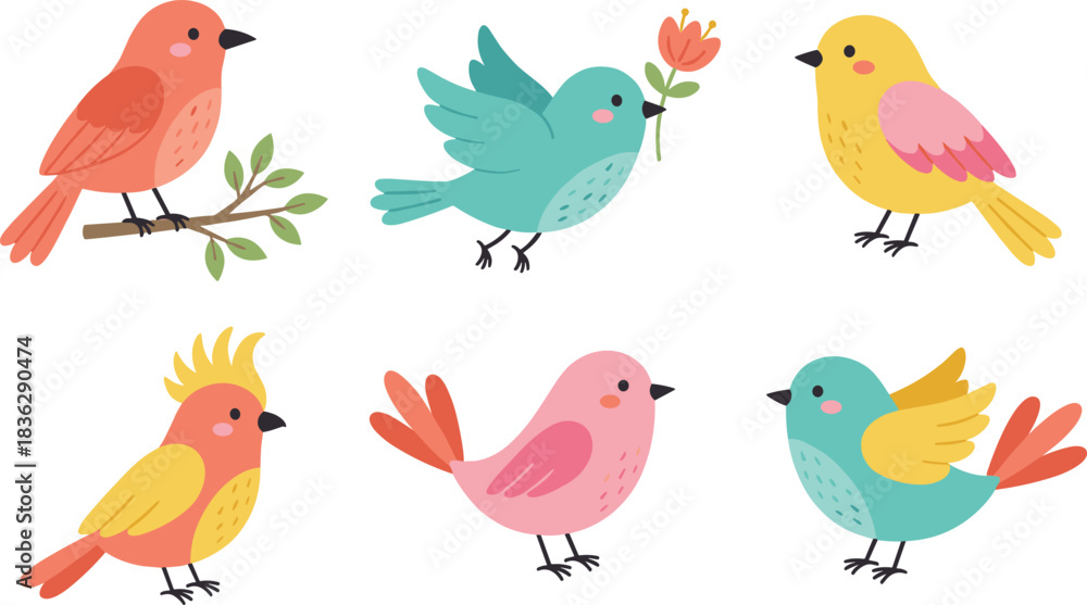 Naklejka premium Whimsical cartoon bird collection, colorful feathers, flying teal bird, pink wings, red crest, nature illustration, kids design.eps