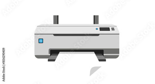 Modern office printer with power button and paper output.