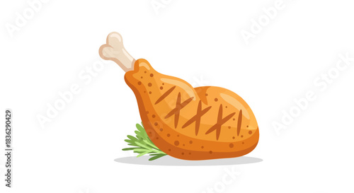 Grilled chicken leg with rosemary on white background