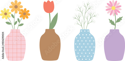 Stylized flower vases with tulip, daisy, baby’s breath, decorative floral arrangement, colorful botanical design, cheerful nature illustration