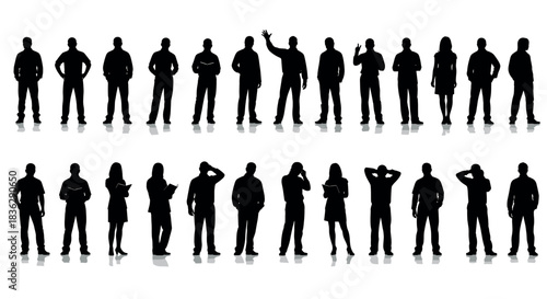 Large collection of diverse black silhouettes featuring men and women in various standing and business poses, symbolizing teamwork, crowd, audience, and corporate diversity concepts.