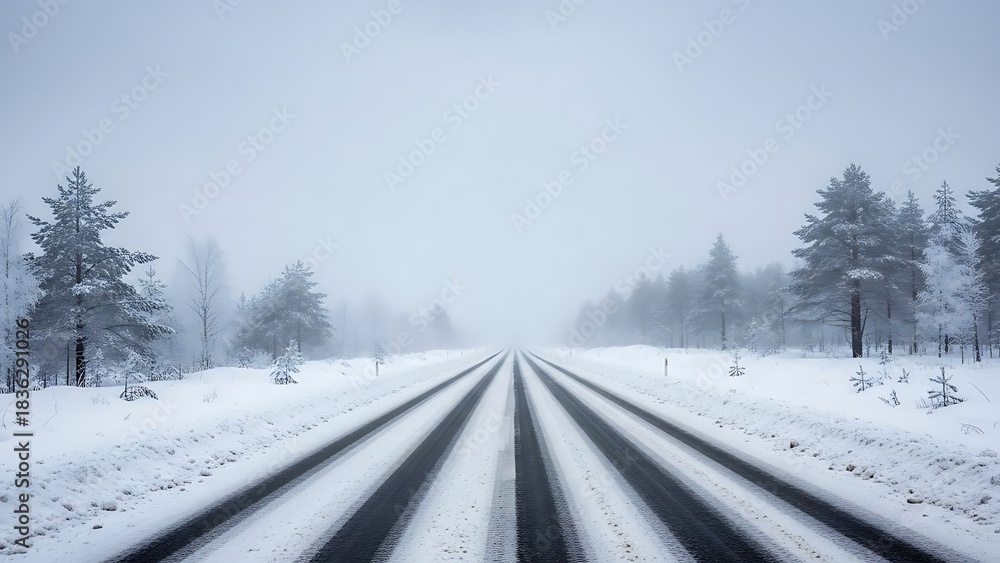 Obraz premium Driving through a snow covered winter landscape with pine trees in the distance on a cold day
