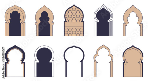 Islamic and Moroccan arch design with multiple arch styles and intricate ornamental patterns, perfect for architectural concepts, cultural decoration, Islamic art, and background