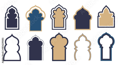 Islamic and Moroccan arch design with multiple arch styles and intricate ornamental patterns, perfect for architectural concepts, cultural decoration, Islamic art, and background