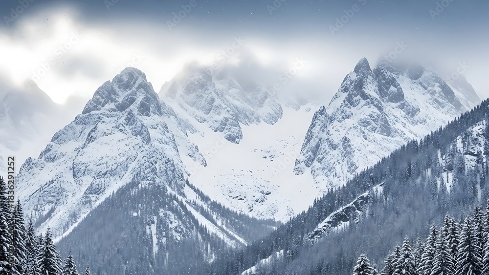 Fototapeta premium Stunning winter wonderland featuring snow covered mountains and evergreen trees under a dramatic sky