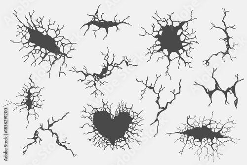 Crack concrete wall texture, floor ground broken effect. Horizontal breaks on land surface. Dry soil. Damaged by earthquake fissure and fracture.